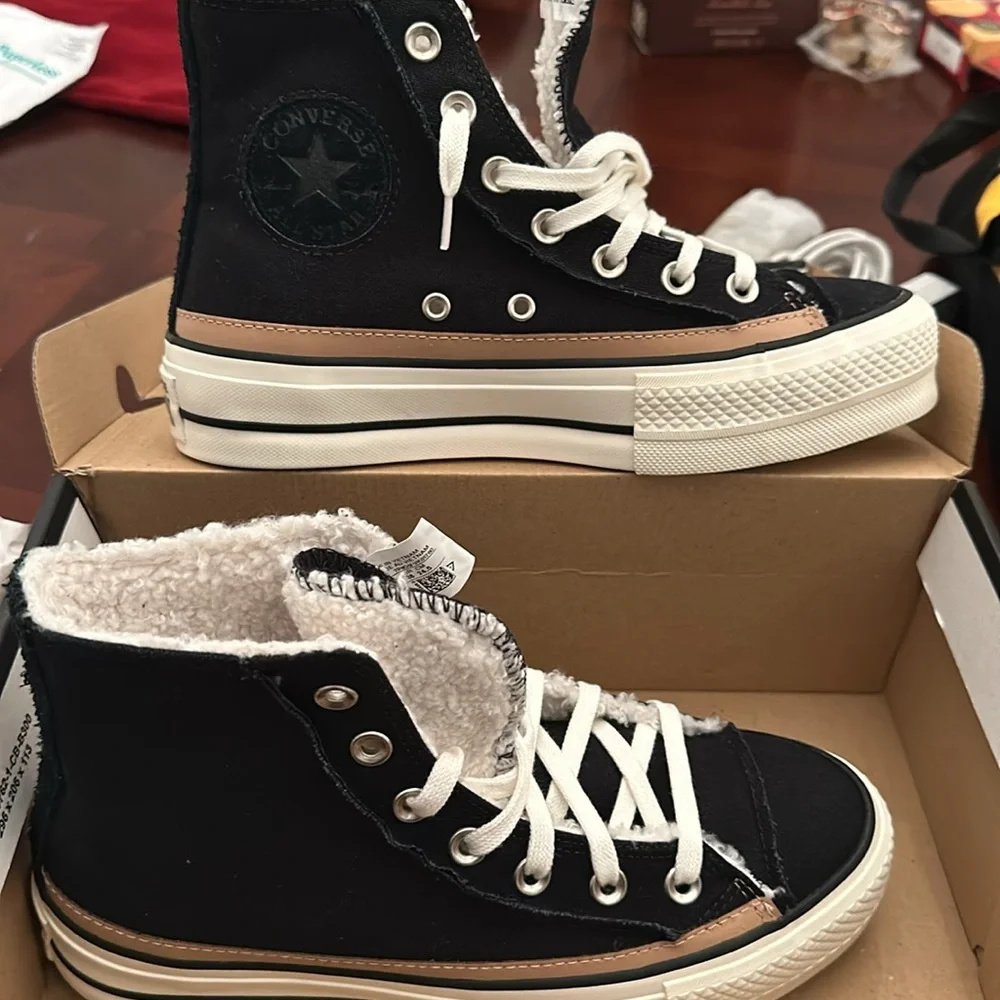 Converse Black High-Top Platform Sneakers with Tan Trim